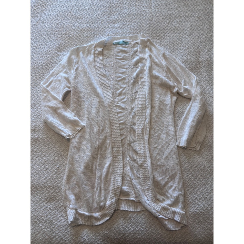 Maurices Womens White Open Front Pointelle Knit Cardigan Sweater Made in USA M